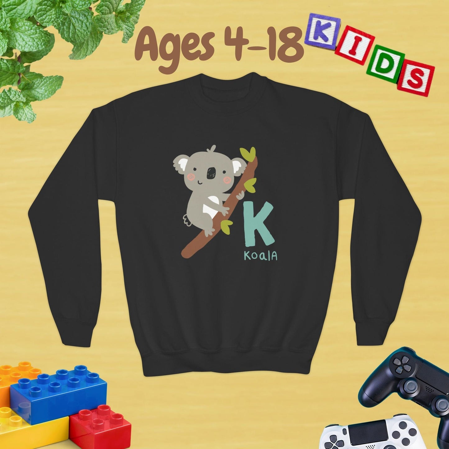 Animal Alphabet - K for Koala Ages 4-18 Unisex Kids and Teens Sweatshirt - Cozy Fall and Winter Youth Sweatshirt