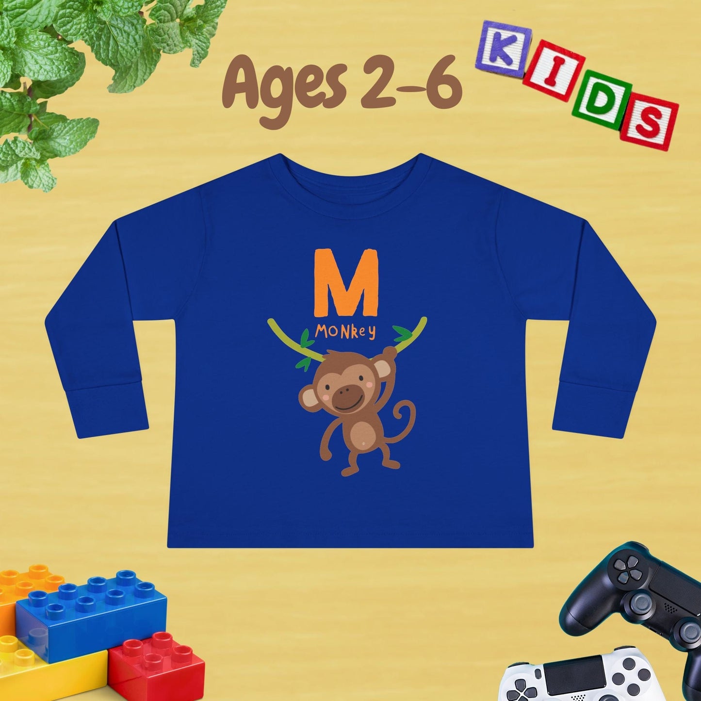 Animal Alphabet M for Monkey Unisex Kids Sweater Toddler Long Sleeve Tee Ages 2-6 - 100% Cotton Spring and Fall Kids Sweatshirt