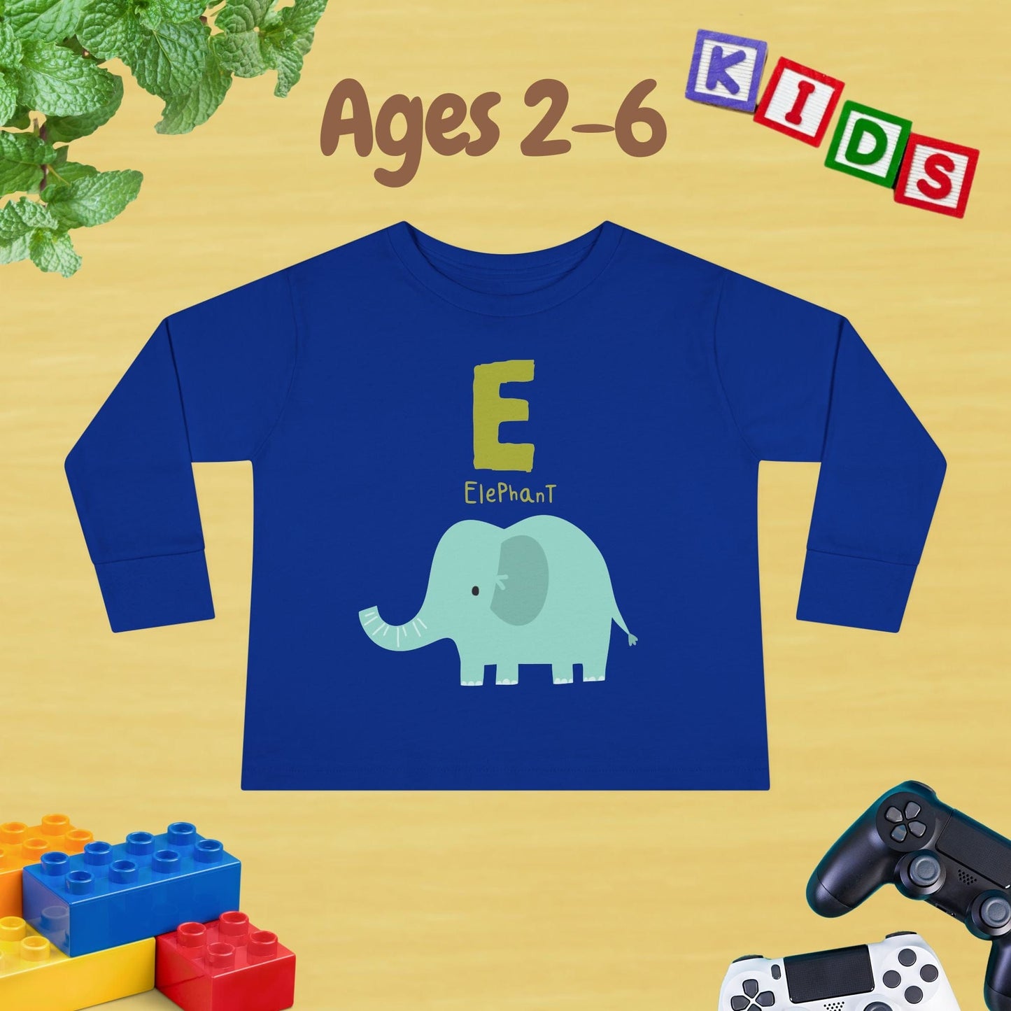 Animal Alphabet E for Elephant Unisex Kids Sweater Toddler Long Sleeve Tee Ages 2-6 - 100% Cotton Spring and Fall Kids Sweatshirt