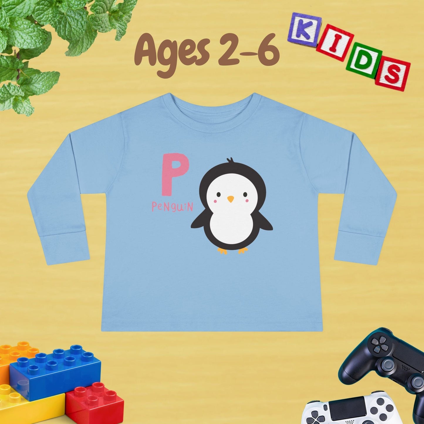 Animal Alphabet P for Penguin Unisex Kids Sweater Toddler Long Sleeve Tee Ages 2-6 - 100% Cotton Spring and Fall Kids Sweatshirt