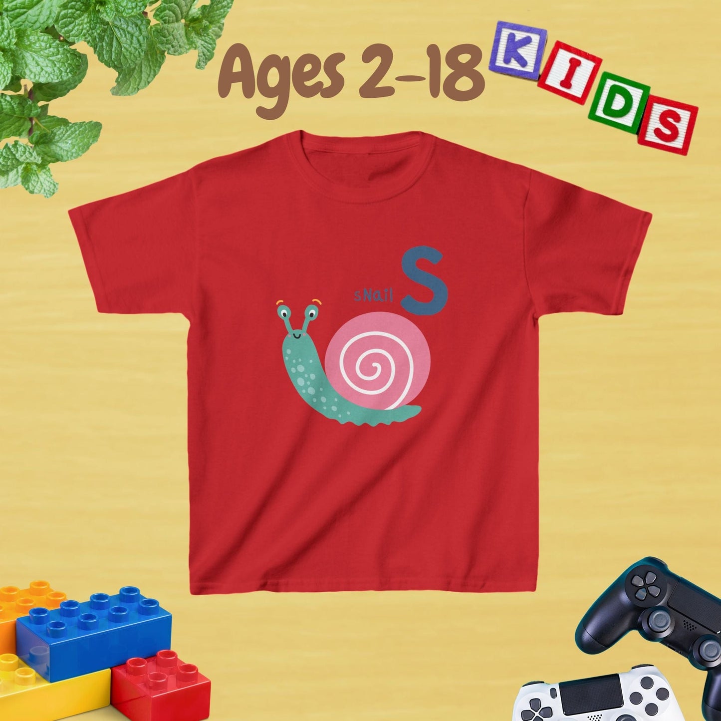 Animal Alphabet - S for Snail Unisex Kids Tee - Fun Educational Graphic Tee for Kids Age 2-18