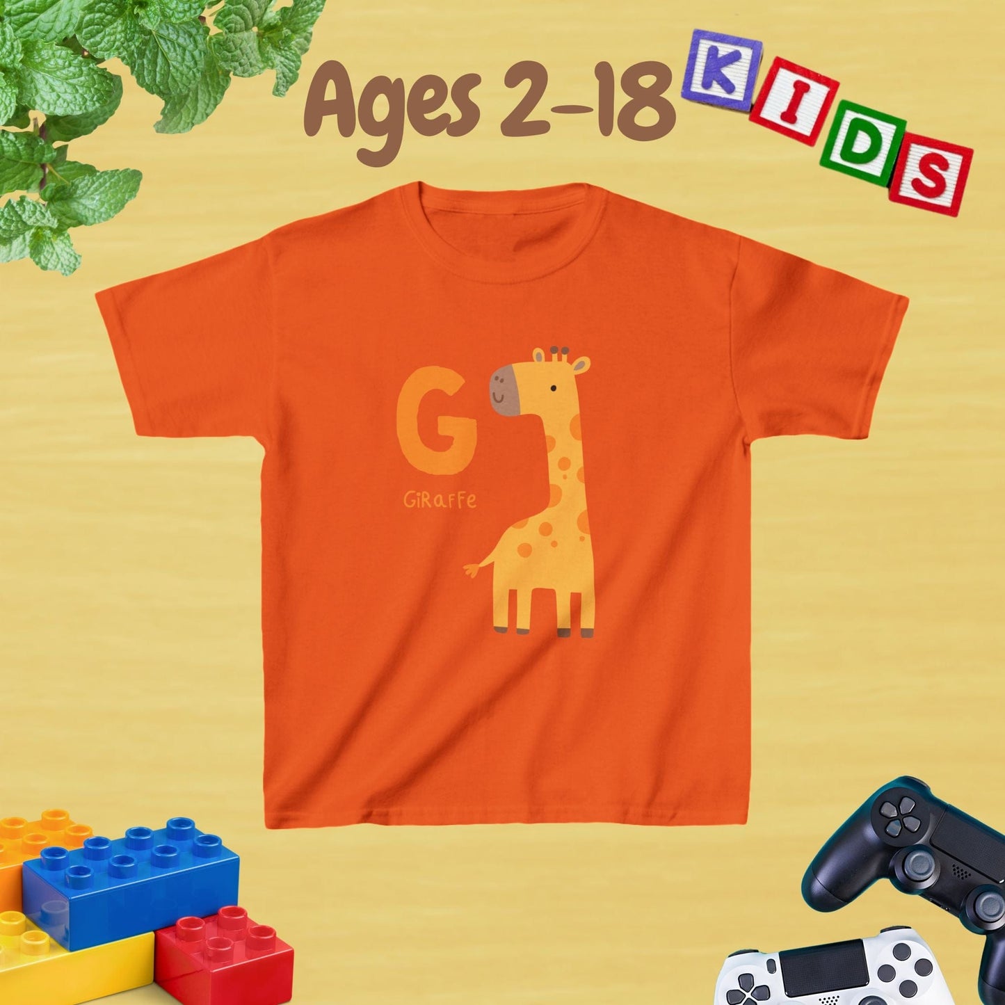 Animal Alphabet - G for Giraffe Unisex Kids Tee - Graphic Alphabet Tee for Kids Age 2-18