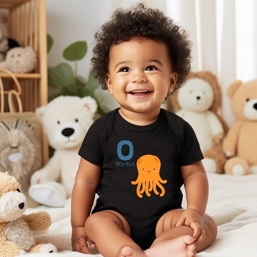 Animal Alphabet - O for Octopus Baby Bodysuit - Unisex Graphic Bodysuit for Babies