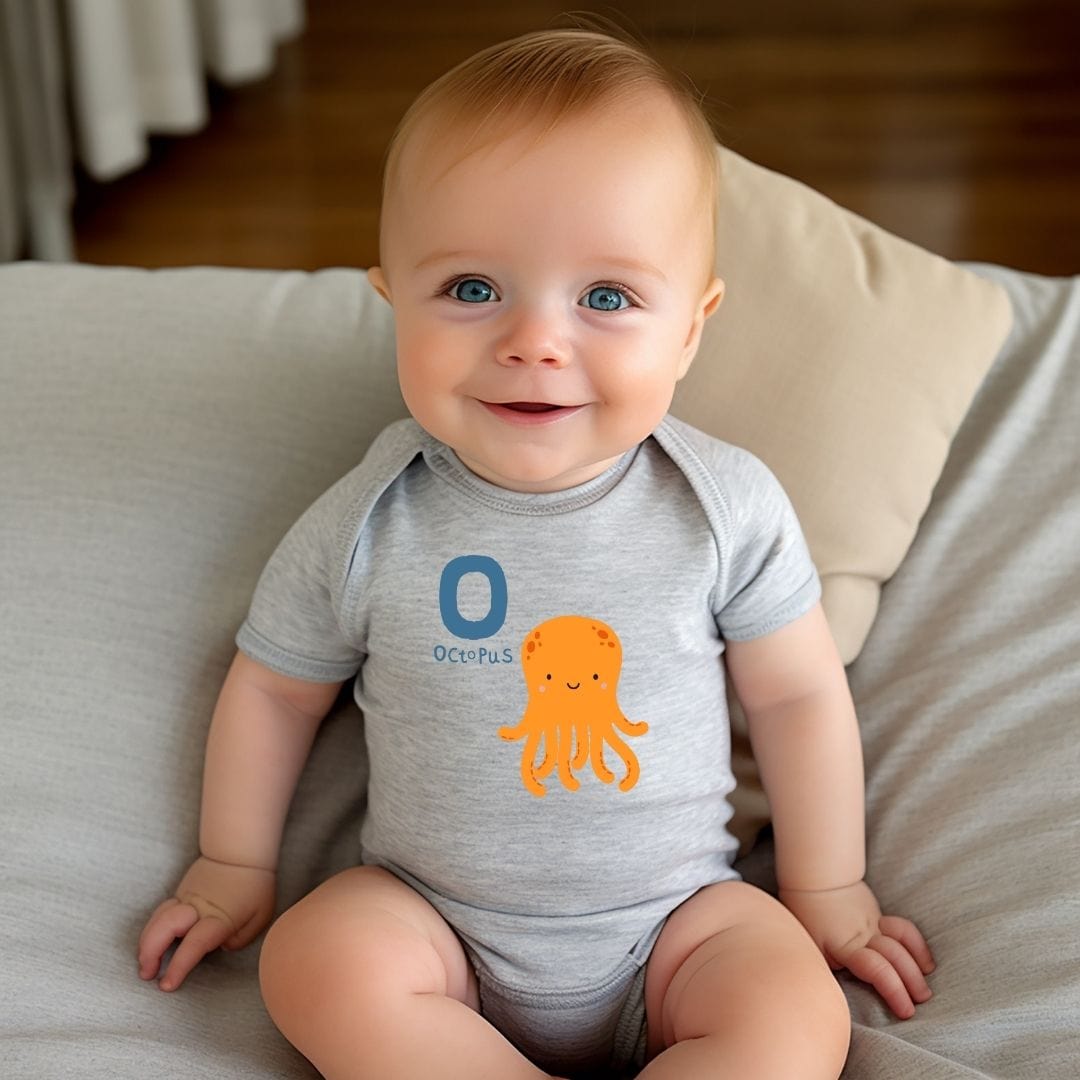 Animal Alphabet - O for Octopus Baby Bodysuit - Unisex Graphic Bodysuit for Babies