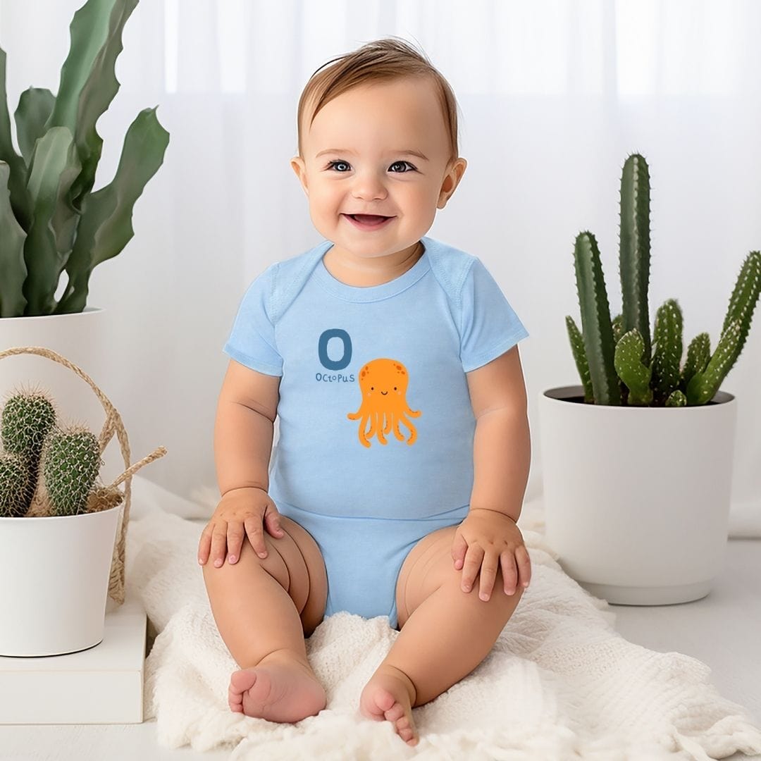 Animal Alphabet - O for Octopus Baby Bodysuit - Unisex Graphic Bodysuit for Babies