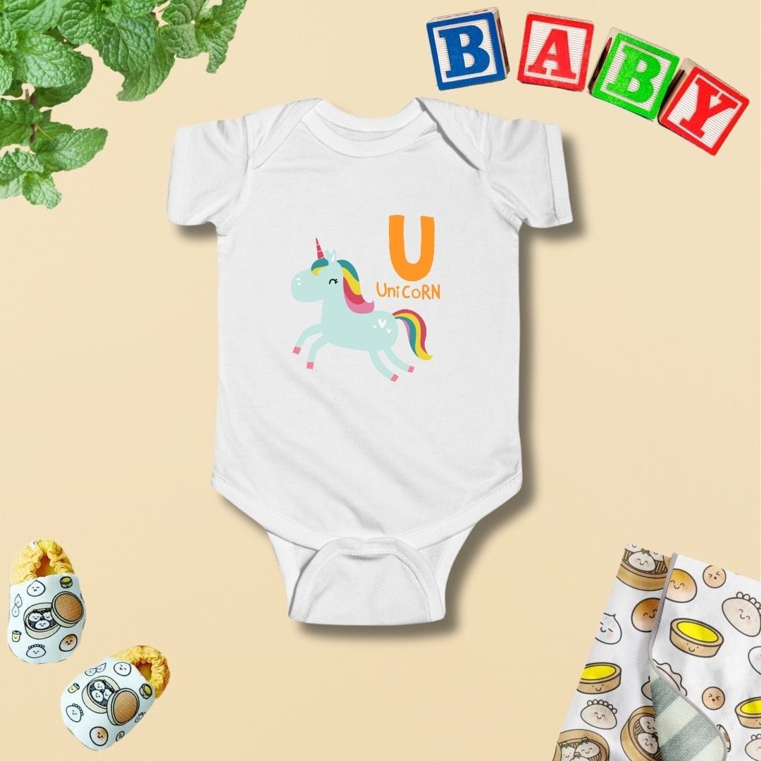 Animal Alphabet - U for Unicorn Baby Bodysuit - Unisex Graphic Bodysuit for Babies
