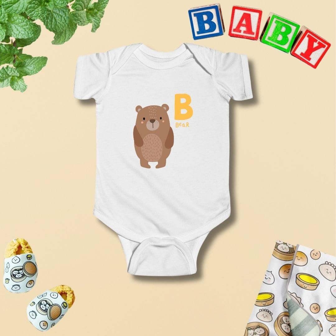 a baby bodysuit with a bear on it