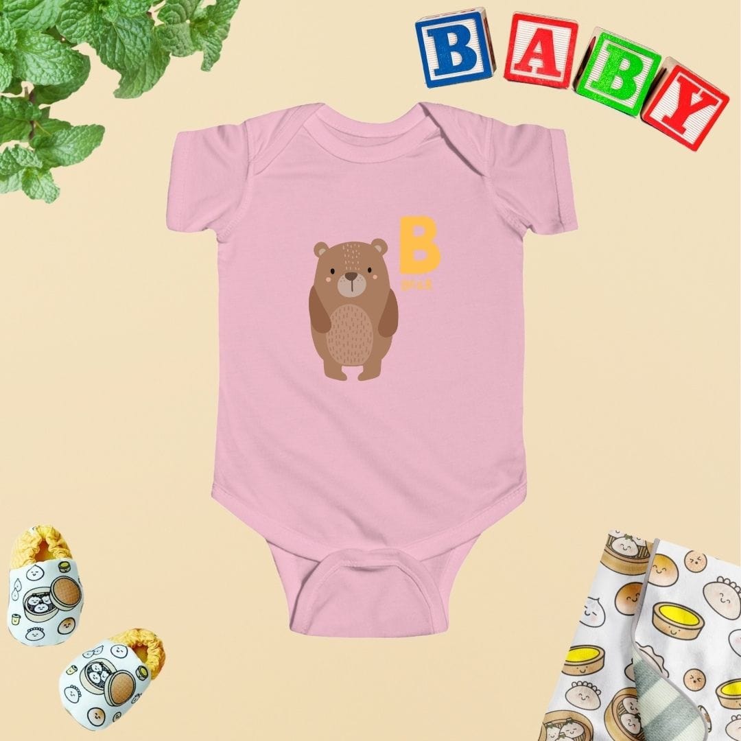 a baby bodysuit with a bear on it