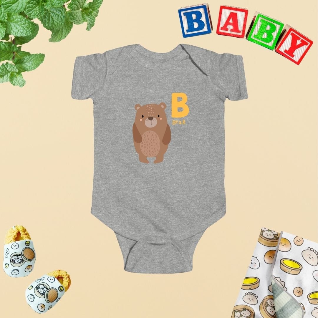 a baby bodysuit with a bear on it