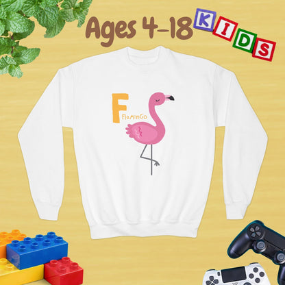 Animal Alphabet - F for Flamingo Ages 4-18 Unisex Kids and Teens Sweatshirt - Cozy Fall and Winter Youth Sweatshirt