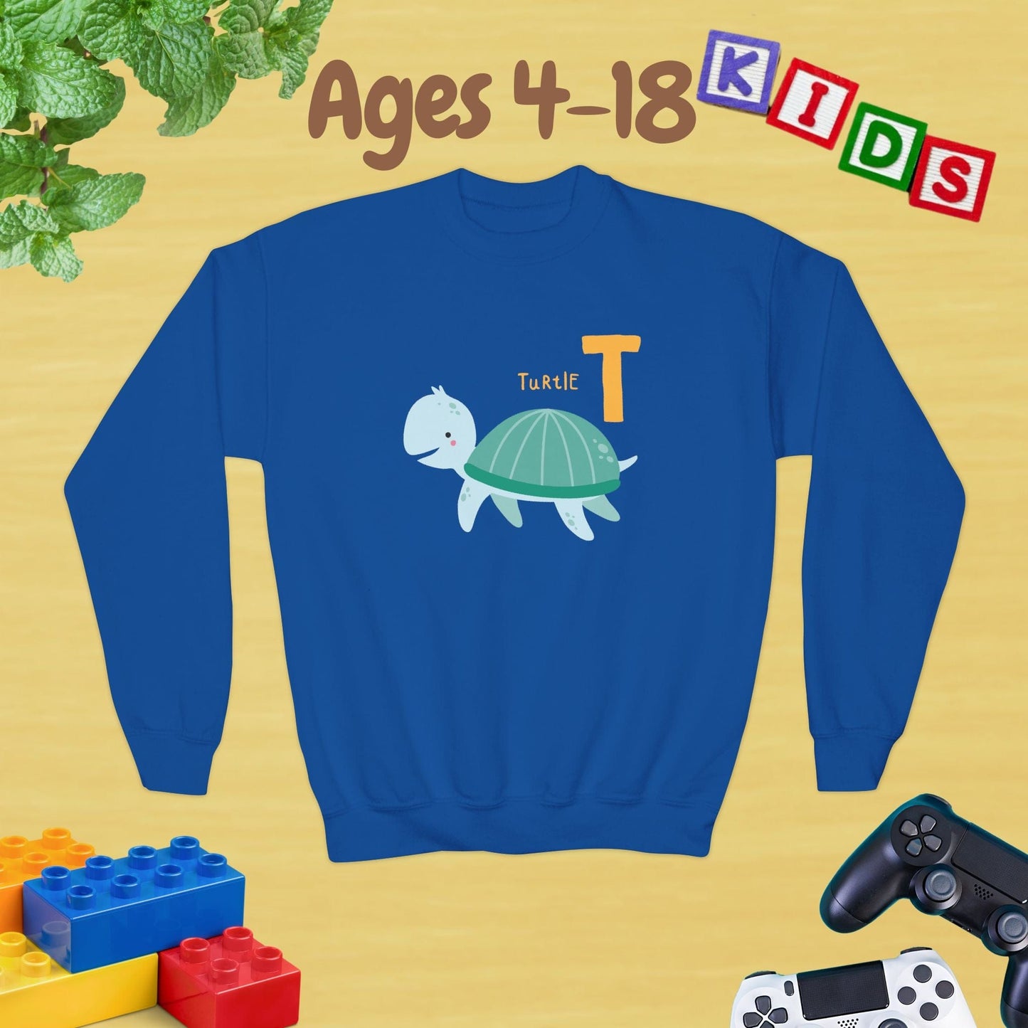 Animal Alphabet T for Turtle Age 4-18 Unisex Kids and Teens Sweatshirt - Cozy Fall and Winter Youth Sweatshirt