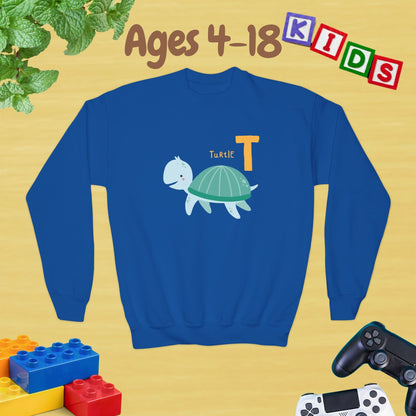 Animal Alphabet T for Turtle Age 4-18 Unisex Kids and Teens Sweatshirt - Cozy Fall and Winter Youth Sweatshirt