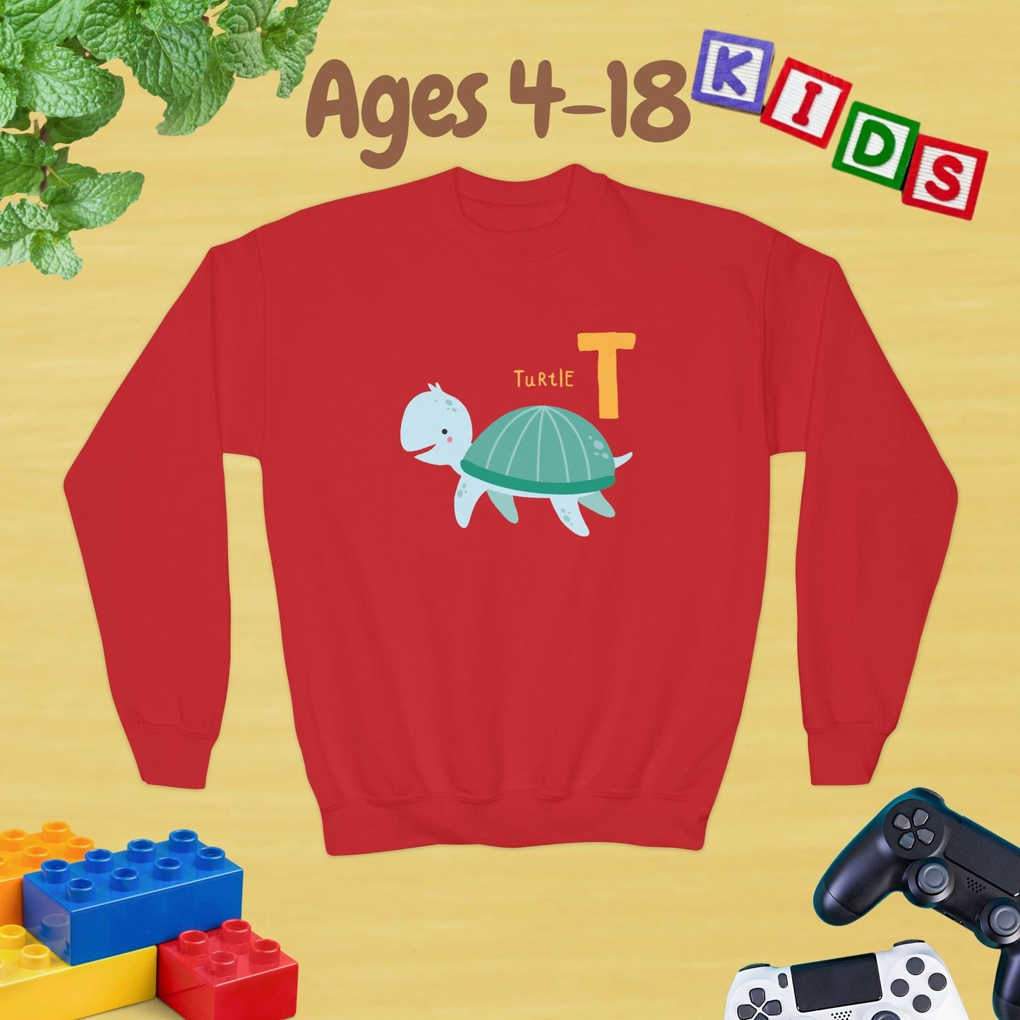 Animal Alphabet T for Turtle Age 4-18 Unisex Kids and Teens Sweatshirt - Cozy Fall and Winter Youth Sweatshirt