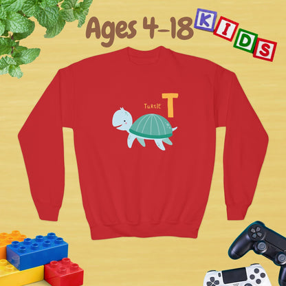 Animal Alphabet T for Turtle Age 4-18 Unisex Kids and Teens Sweatshirt - Cozy Fall and Winter Youth Sweatshirt