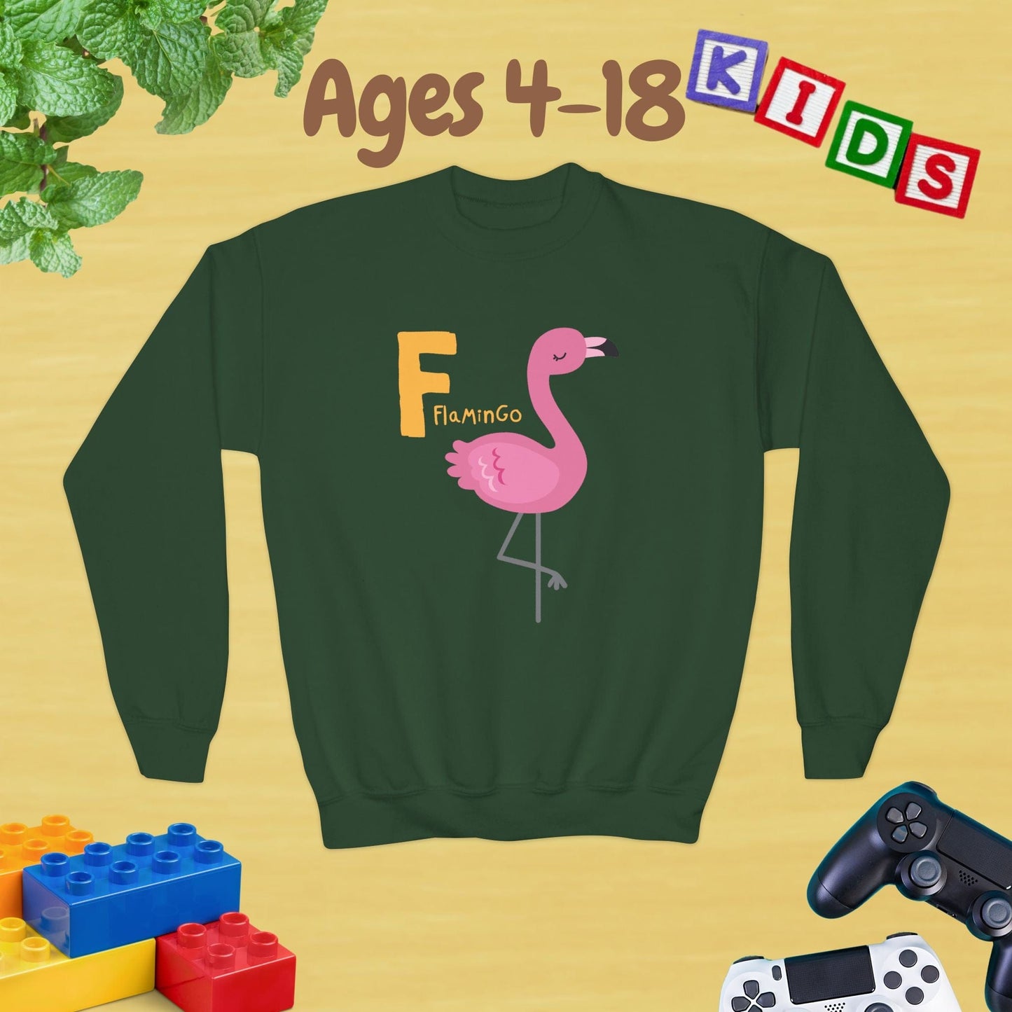 Animal Alphabet - F for Flamingo Ages 4-18 Unisex Kids and Teens Sweatshirt - Cozy Fall and Winter Youth Sweatshirt
