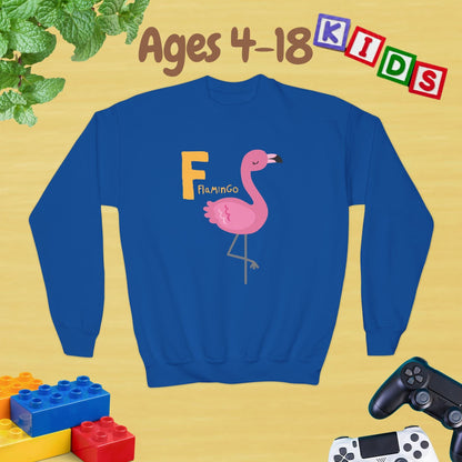 Animal Alphabet - F for Flamingo Ages 4-18 Unisex Kids and Teens Sweatshirt - Cozy Fall and Winter Youth Sweatshirt