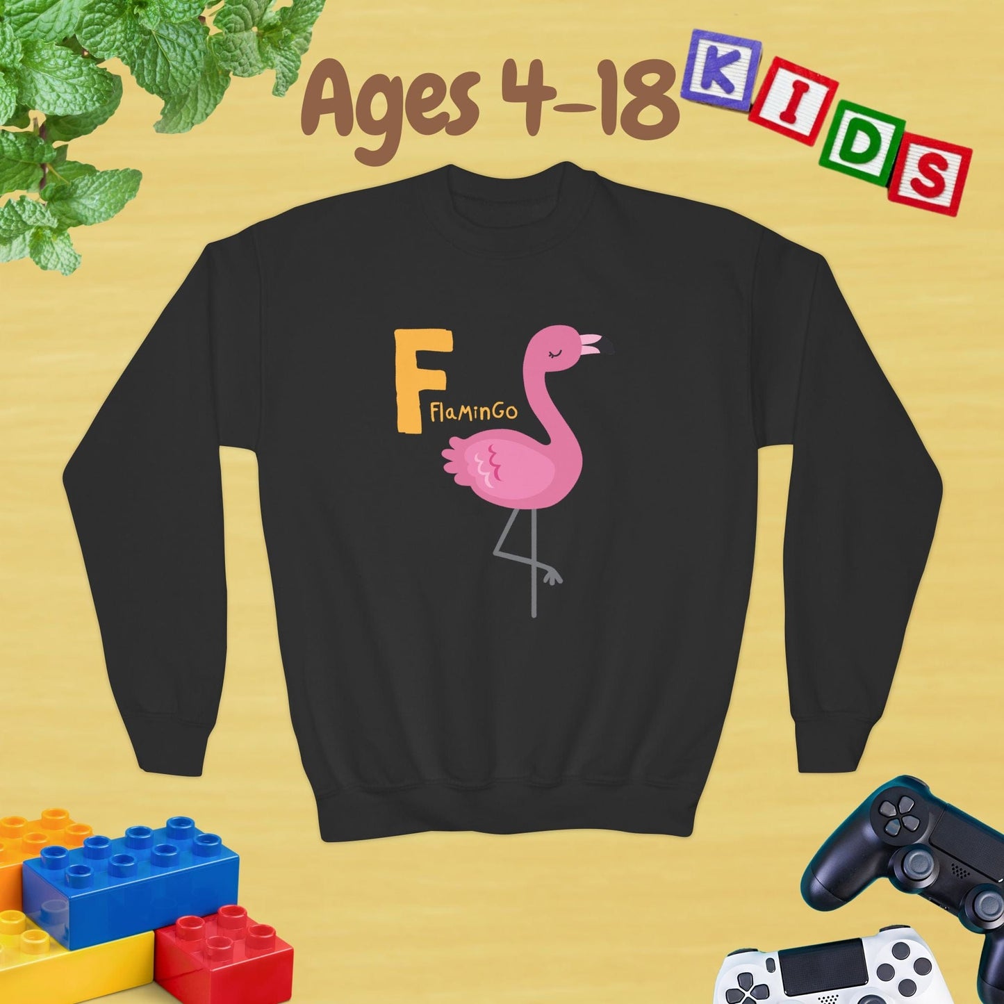 Animal Alphabet - F for Flamingo Ages 4-18 Unisex Kids and Teens Sweatshirt - Cozy Fall and Winter Youth Sweatshirt