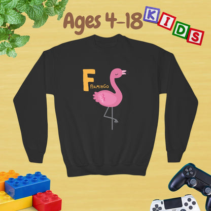 Animal Alphabet - F for Flamingo Ages 4-18 Unisex Kids and Teens Sweatshirt - Cozy Fall and Winter Youth Sweatshirt