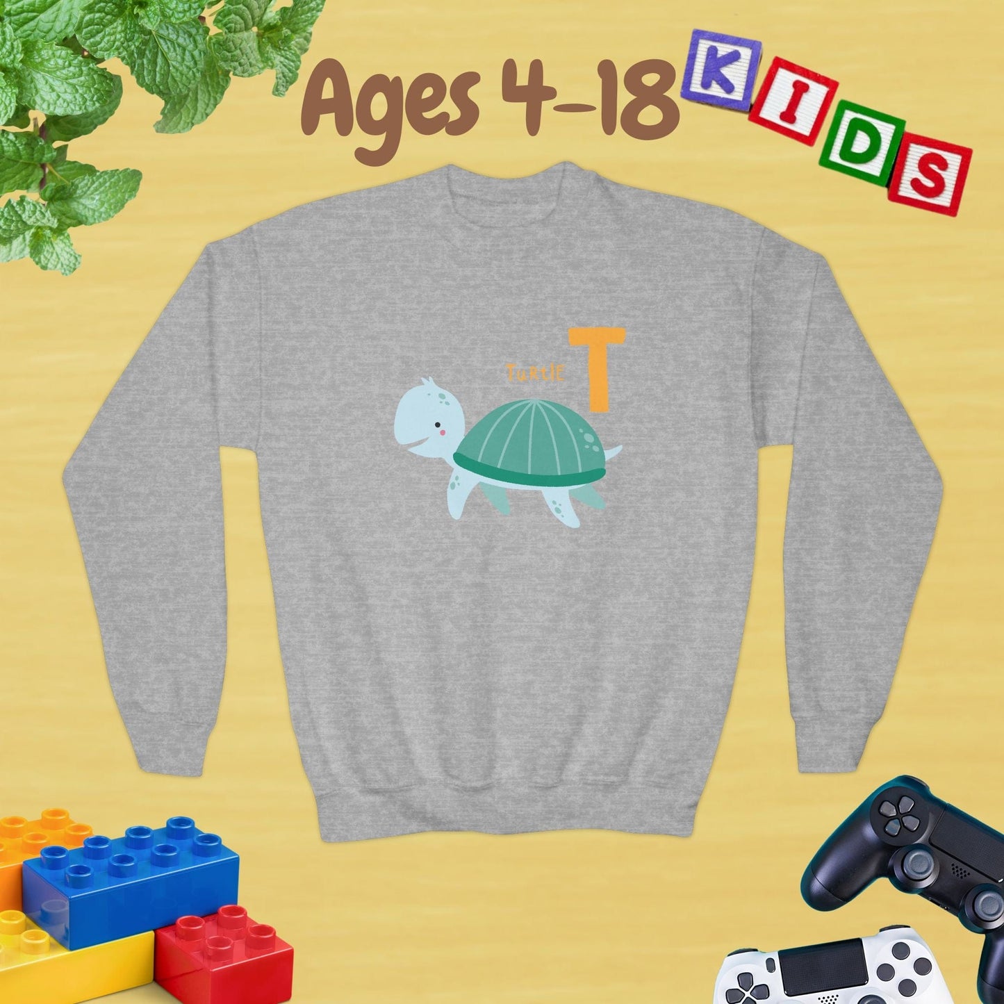Animal Alphabet T for Turtle Age 4-18 Unisex Kids and Teens Sweatshirt - Cozy Fall and Winter Youth Sweatshirt