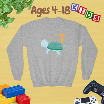 Animal Alphabet T for Turtle Age 4-18 Unisex Kids and Teens Sweatshirt - Cozy Fall and Winter Youth Sweatshirt