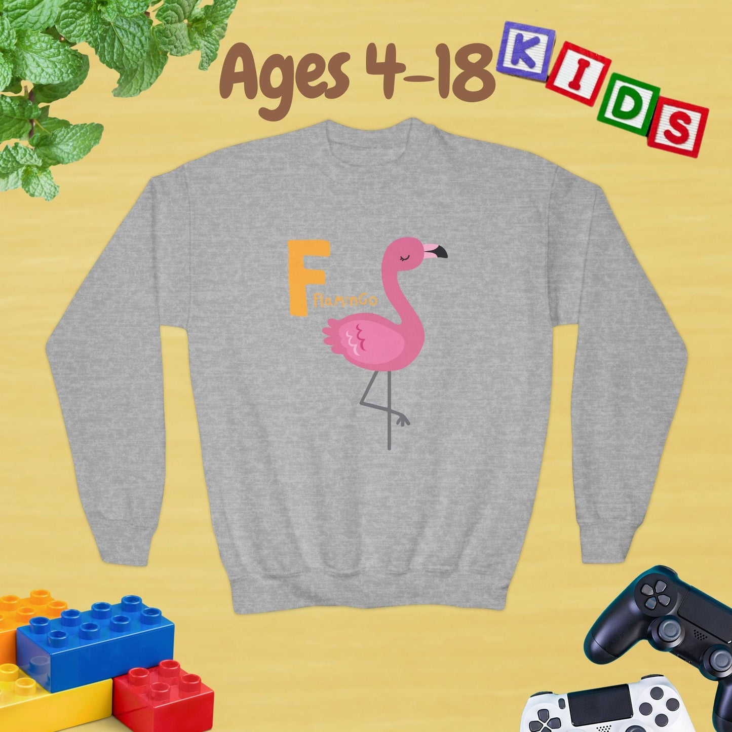 Animal Alphabet - F for Flamingo Ages 4-18 Unisex Kids and Teens Sweatshirt - Cozy Fall and Winter Youth Sweatshirt