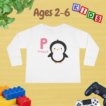 Animal Alphabet P for Penguin Unisex Kids Sweater Toddler Long Sleeve Tee Ages 2-6 - 100% Cotton Spring and Fall Kids Sweatshirt