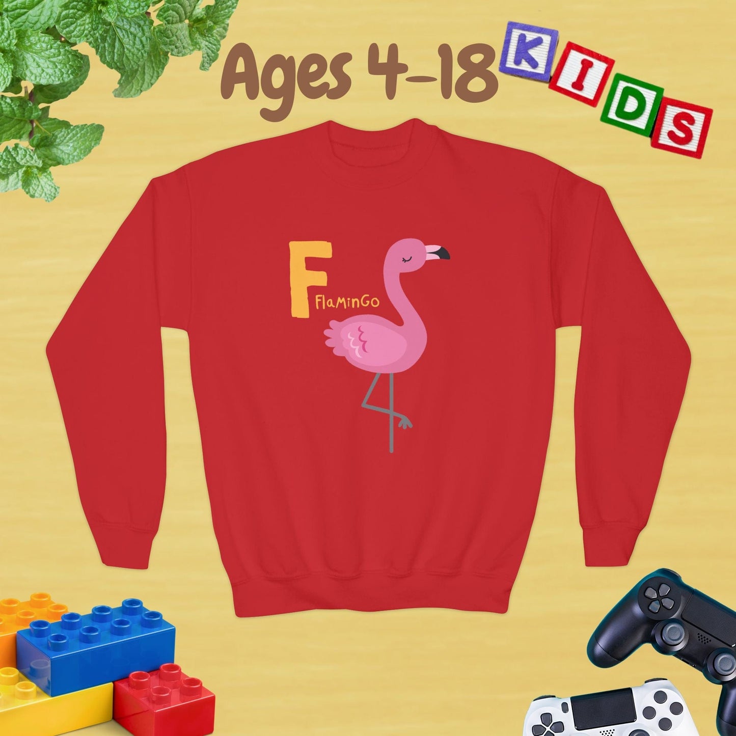Animal Alphabet - F for Flamingo Ages 4-18 Unisex Kids and Teens Sweatshirt - Cozy Fall and Winter Youth Sweatshirt