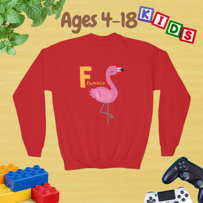 Animal Alphabet - F for Flamingo Ages 4-18 Unisex Kids and Teens Sweatshirt - Cozy Fall and Winter Youth Sweatshirt