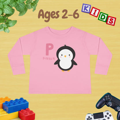 Animal Alphabet P for Penguin Unisex Kids Sweater Toddler Long Sleeve Tee Ages 2-6 - 100% Cotton Spring and Fall Kids Sweatshirt