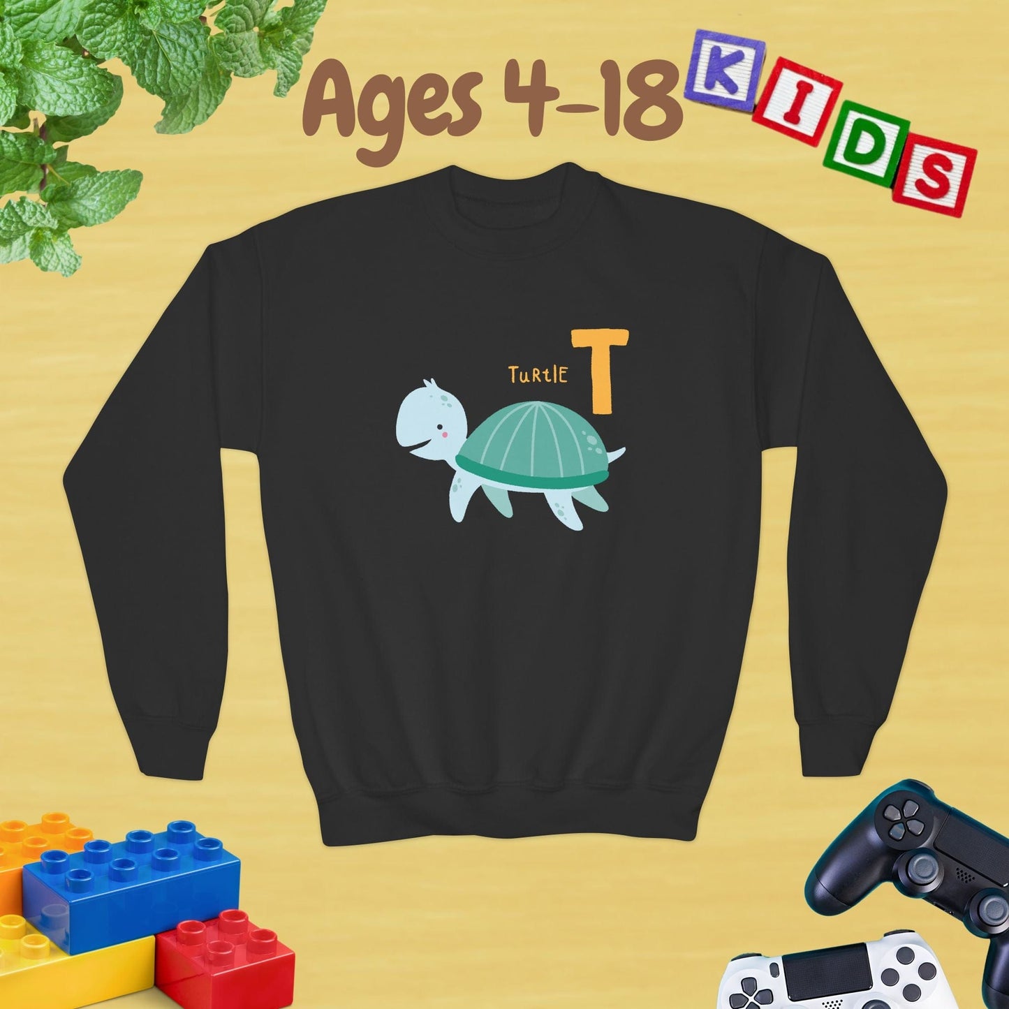 Animal Alphabet T for Turtle Age 4-18 Unisex Kids and Teens Sweatshirt - Cozy Fall and Winter Youth Sweatshirt