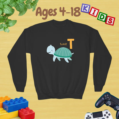 Animal Alphabet T for Turtle Age 4-18 Unisex Kids and Teens Sweatshirt - Cozy Fall and Winter Youth Sweatshirt