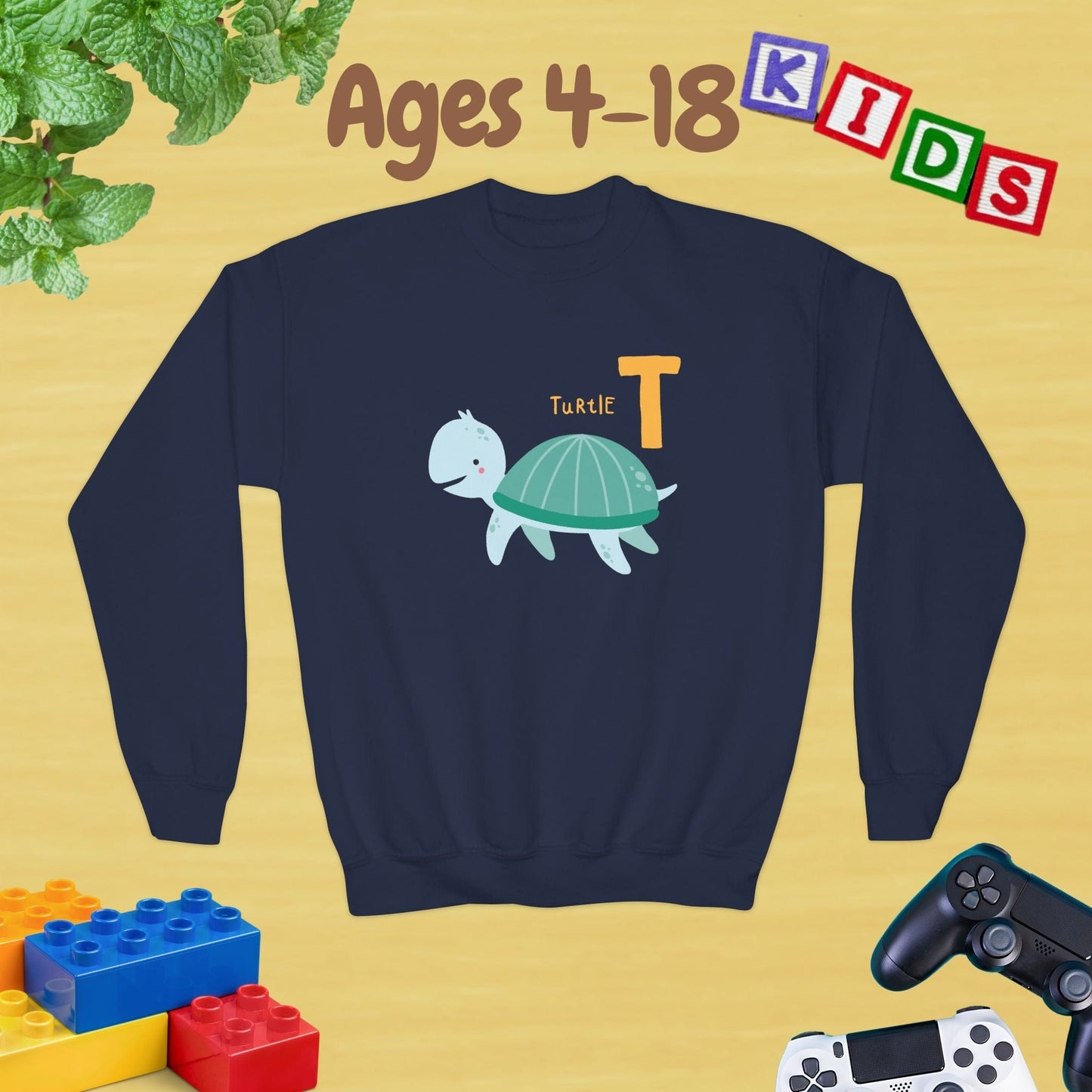 Animal Alphabet T for Turtle Age 4-18 Unisex Kids and Teens Sweatshirt - Cozy Fall and Winter Youth Sweatshirt