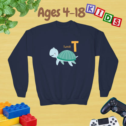 Animal Alphabet T for Turtle Age 4-18 Unisex Kids and Teens Sweatshirt - Cozy Fall and Winter Youth Sweatshirt