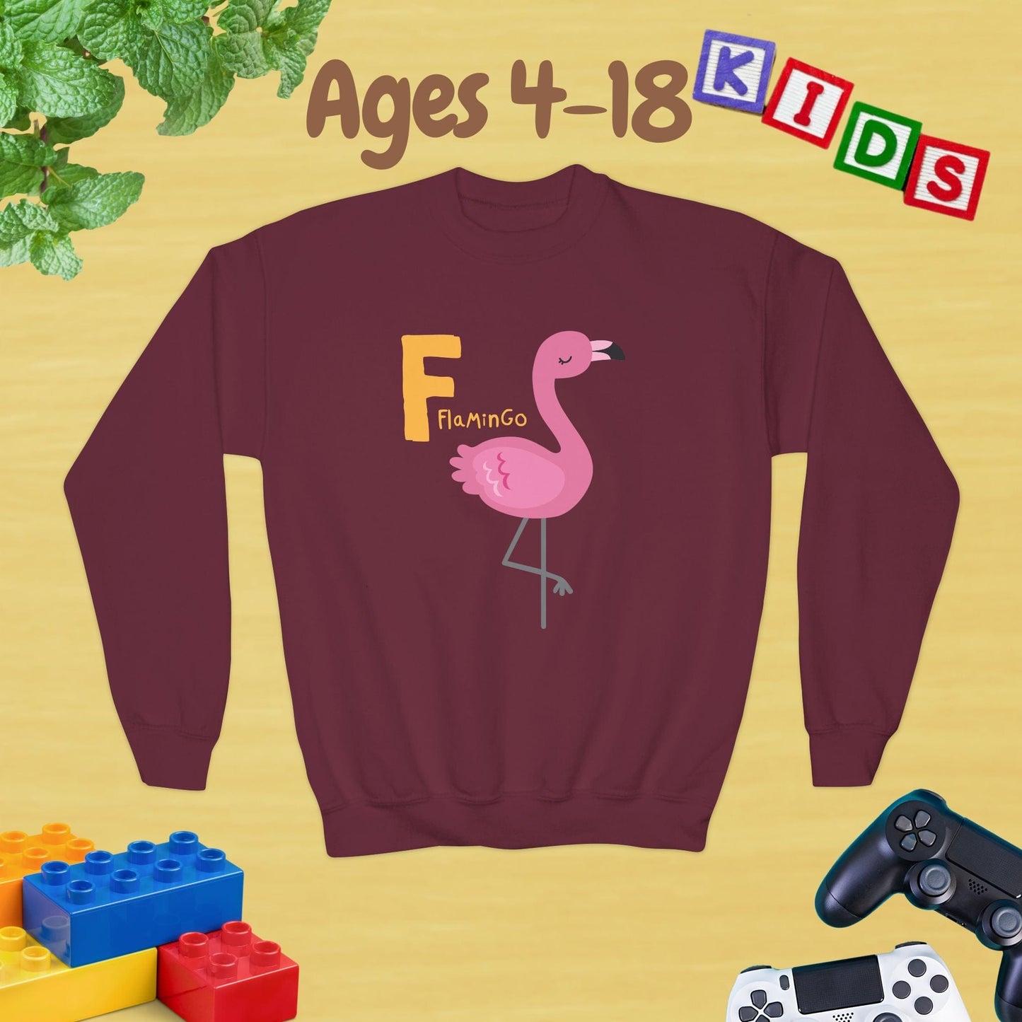 Animal Alphabet - F for Flamingo Ages 4-18 Unisex Kids and Teens Sweatshirt - Cozy Fall and Winter Youth Sweatshirt