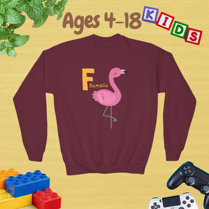 Animal Alphabet - F for Flamingo Ages 4-18 Unisex Kids and Teens Sweatshirt - Cozy Fall and Winter Youth Sweatshirt