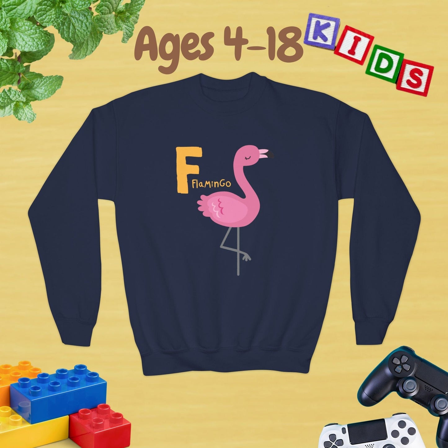 Animal Alphabet - F for Flamingo Ages 4-18 Unisex Kids and Teens Sweatshirt - Cozy Fall and Winter Youth Sweatshirt