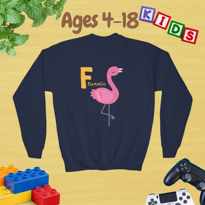 Animal Alphabet - F for Flamingo Ages 4-18 Unisex Kids and Teens Sweatshirt - Cozy Fall and Winter Youth Sweatshirt