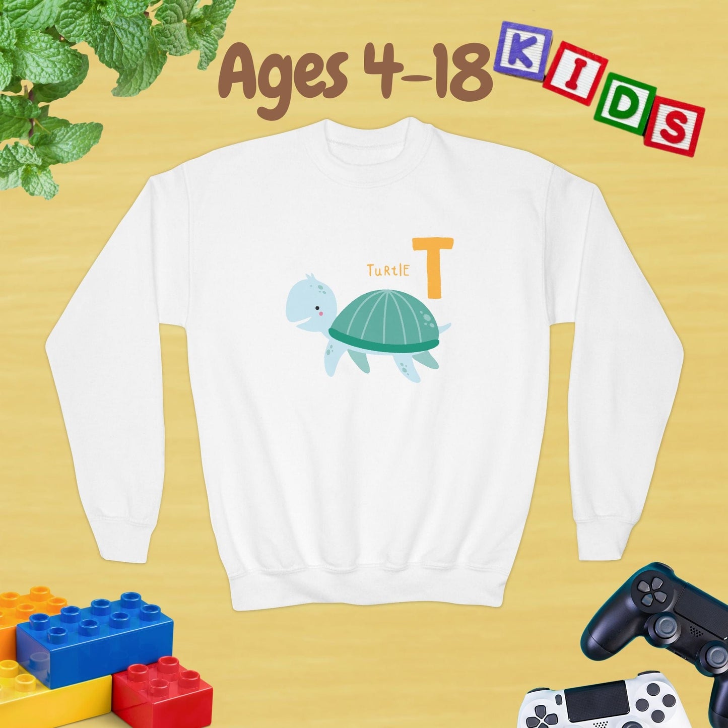 Animal Alphabet T for Turtle Age 4-18 Unisex Kids and Teens Sweatshirt - Cozy Fall and Winter Youth Sweatshirt