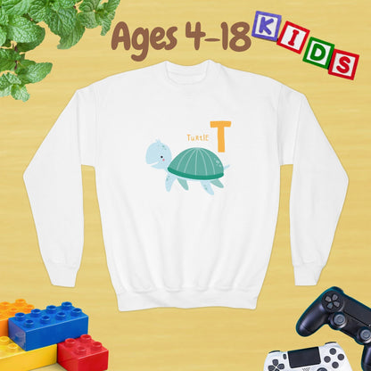 Animal Alphabet T for Turtle Age 4-18 Unisex Kids and Teens Sweatshirt - Cozy Fall and Winter Youth Sweatshirt