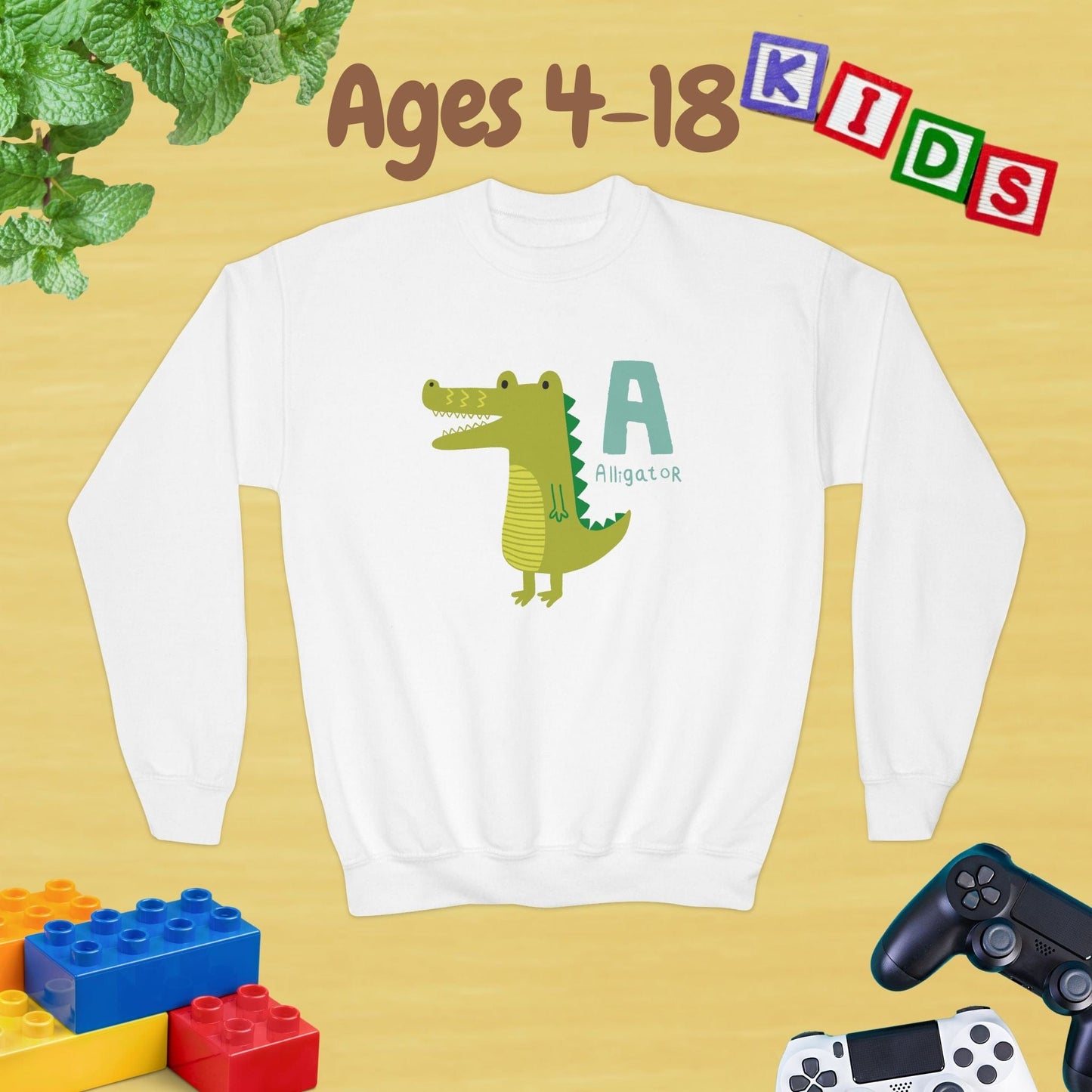 Animal Alphabet - A for Alligator Ages 4-18 Unisex Kids and Teens Sweatshirt - Cozy Fall and Winter Youth Sweatshirt