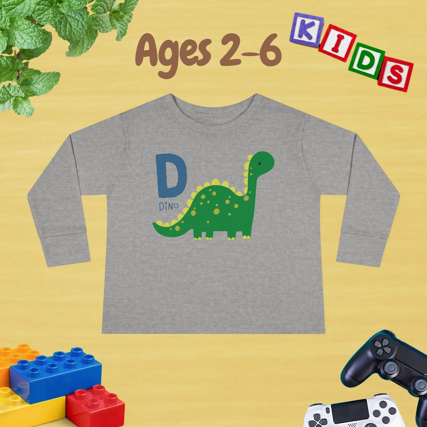 Animal Alphabet D for Dino Unisex Kids Sweater Toddler Long Sleeve Tee Ages 2-6 - 100% Cotton Spring and Fall Kids Sweatshirt